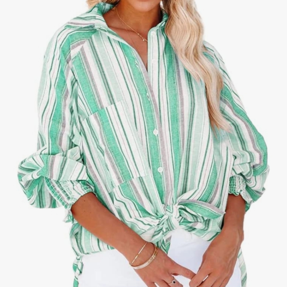 Women's Button Down Long Sleeve Striped Casual Loose Tops with Pocket - Green